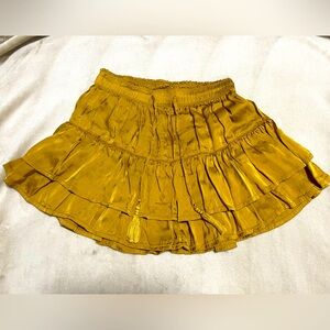 Aerie NWOT Gold Mini Skirt tiered ruffle tassel elastic waist tie waist